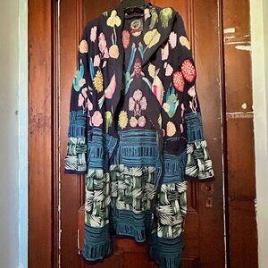 Johnny Was Biya Long-Sleeve Hooded Embroidered Cotton Duster Cardigan, Navy XS